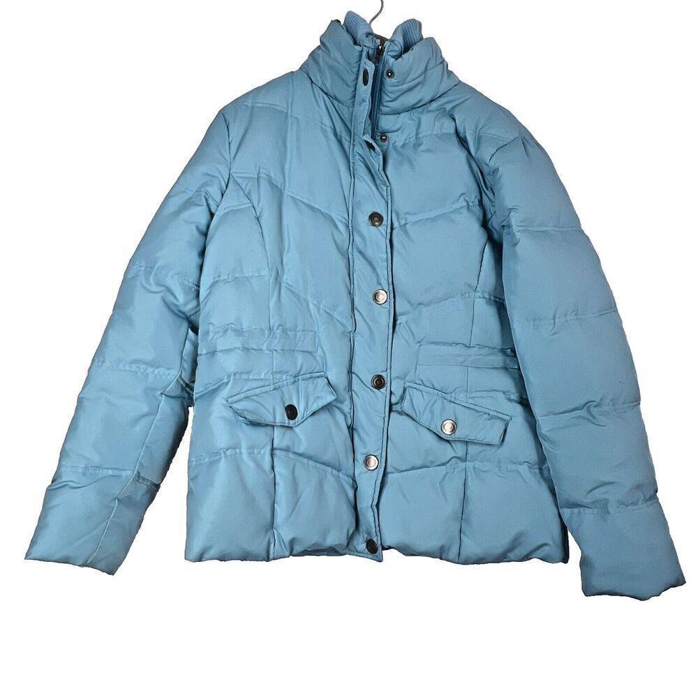Jacket coat filled puffer vintage style blue zipper snap closure pockets XL.